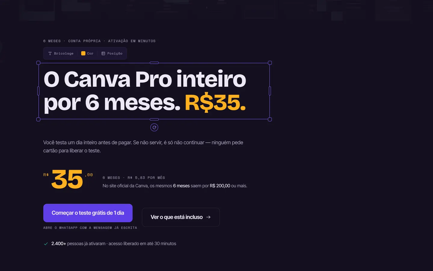 Home do site de Canva Pro Semestral